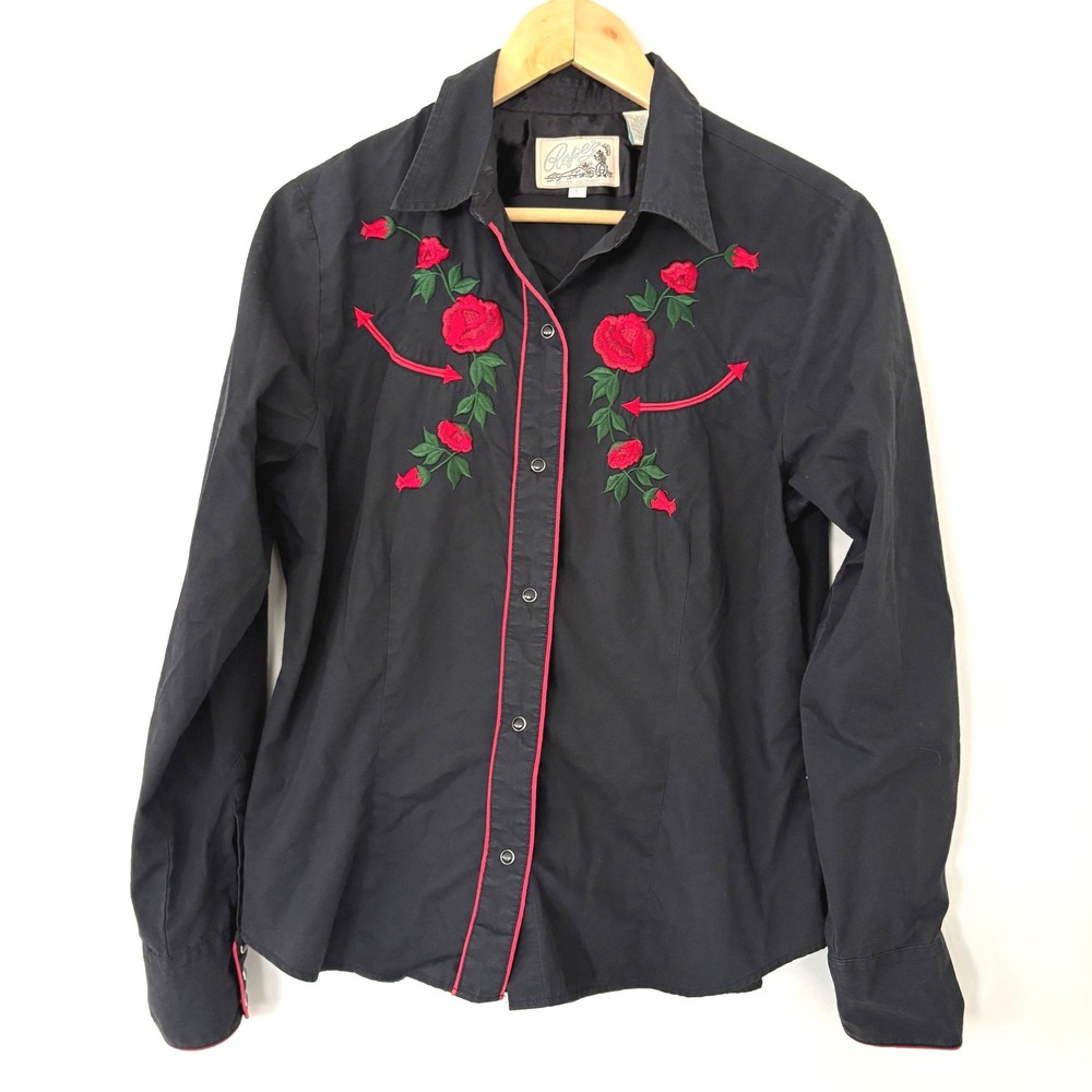 Vtg Roper Denver Western Black Embroidered Rose Snap Shirt Long Sleeve W size L